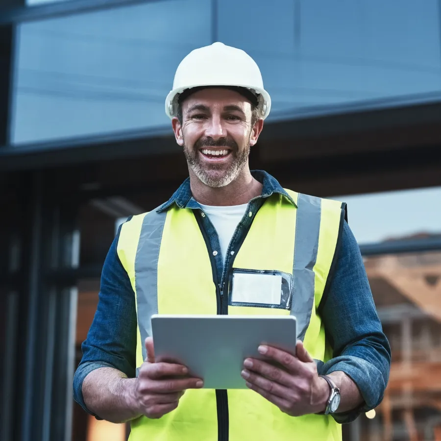 Bauleiter mit Schutzhelm und Tablet vor einem Neubau